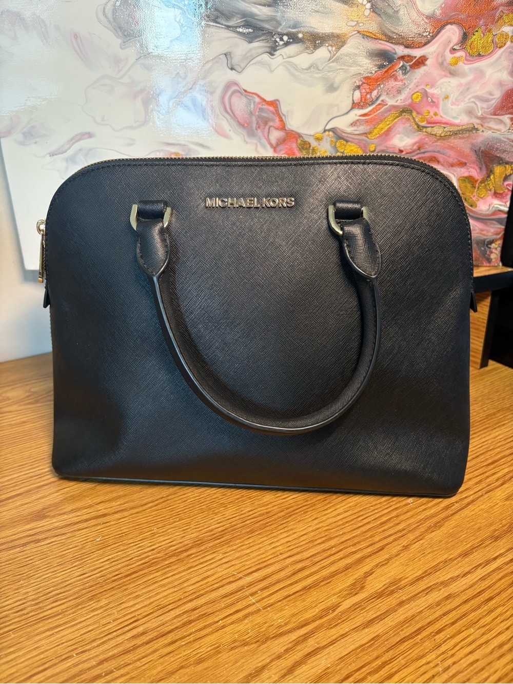 Michael Kors Black Saffiano Dome Satchel with Gold Logo
